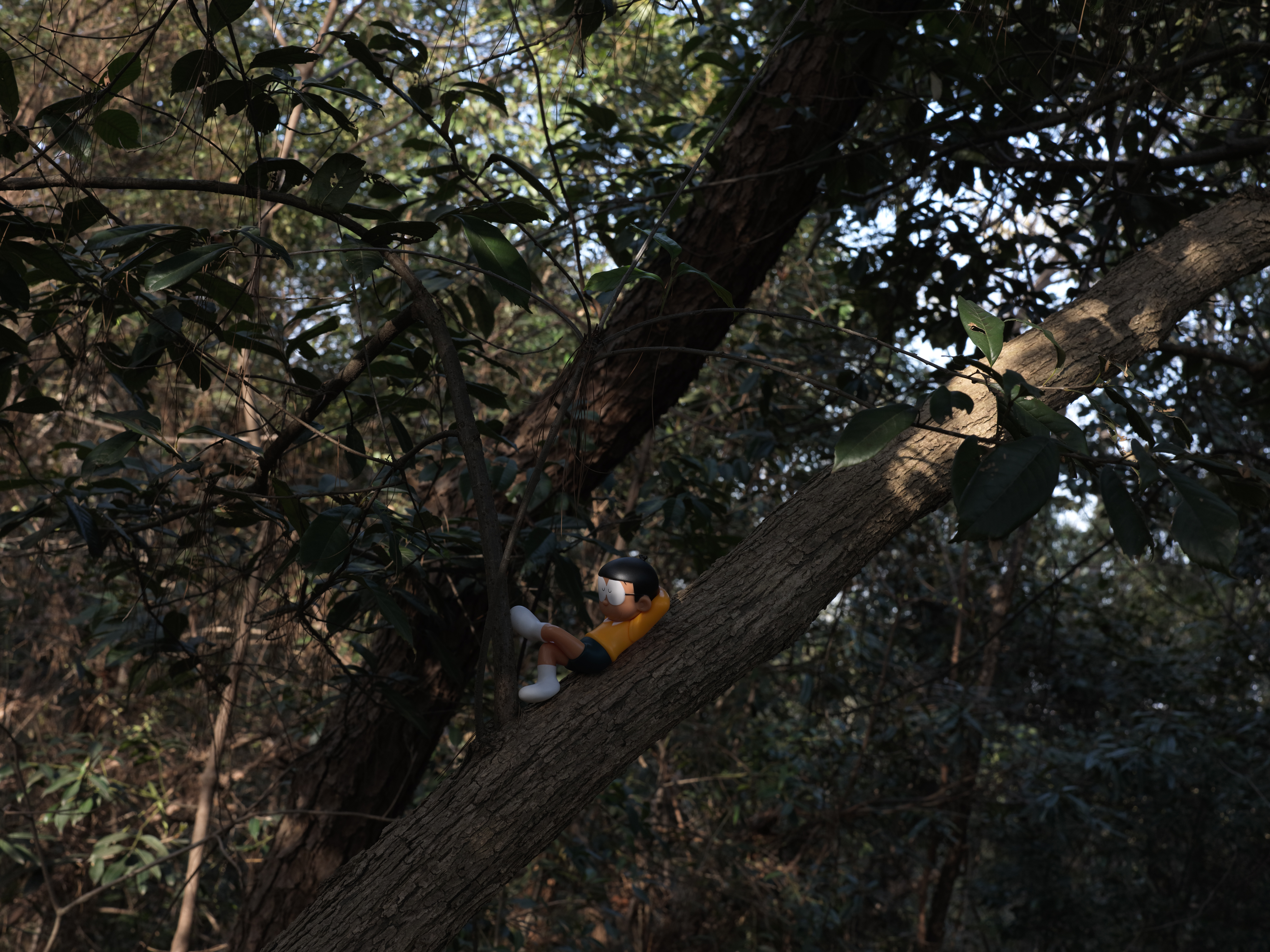 Nobita resting on a branch